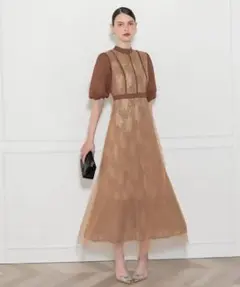 Leja 美脚効果ハイウエストチュールレース切り替えドレスワンピース