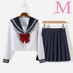 セーラー服 コスプレ 白3本 3点セット 長袖 Mサイズ リボン付 上下セット