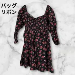 オールドネイビー【L】花柄ミニワンピース バッグリボン パフスリーブ 大人可愛いのサムネイル