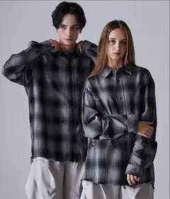 CLEL ヴィンテージデザインダメージチェックシャツ オンブレ　ブラック　M