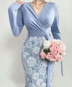 水色 ラップスタイルドレス 花柄