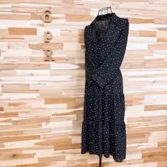 【ザラ】Vネック ドット シフォン ティアード ロング ワンピース XS 黒×白