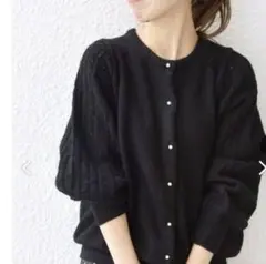 プチパールライクレース編み クルーネック カーディガン 黒 23AW ブラック