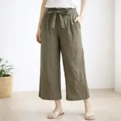 ZARA【M】リネン100% ワイドパンツ クロップド丈 ハイウエスト リボン付