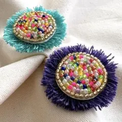 【お値下げ可能です(^^)】カラフルビーズ刺繍ピアス 個性派 ハンドメイド