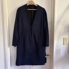 ネイビー ノーカラー ロングコート