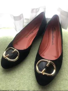 Santoni 黒 スエード パンプス ゴールドバックル 25.5センチ