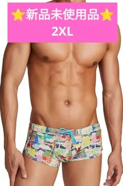【新品・2XL】水着 カラフル 総柄 3L 紐デザイン 水色 夏 ビーチ プール