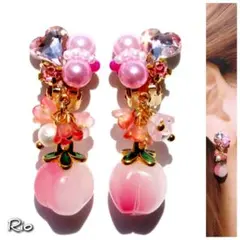 春 ピンク クリスタル ガラス フルーツ ビジュー♥イヤリング【No.231】