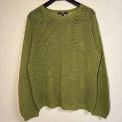メッシュクルーネックセーター メッシュニット　透かし編み　長袖 グリーン XL