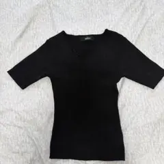 リブ編み ブラック Vネック 半袖Tシャツ