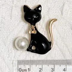 黒猫 クロネコ 猫 ゴールド リボン パール ブローチ ピンブローチ
