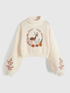 SHEIN ★4.9 ROMWEアイボリー 鹿刺繍 バルーンスリーブ ニット