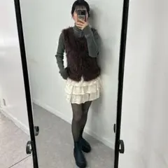 新品 3段フリル ミニスカート アイボリー L ウエストゴム 裏地付 ボリューム