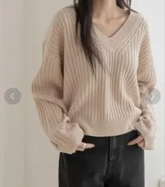 ベージュ Vネック ニット セーターのサムネイル