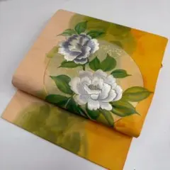 名古屋帯 丸に刺繍の美しい花 九寸 正絹 AO-6099