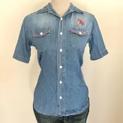刺繍入り デニム 半袖シャツ Lサイズのサムネイル