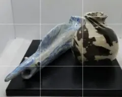 多色陶器の魚型の置物と花瓶の2個セット［作品 No.328］
