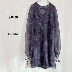 ZARA ザラ　花柄シアーチュニック　XS シフォン　スキッパーカラー