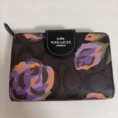 coach コーチ　二つ折り　ミニ財布　ブラウン　レザー　シグネチャー　フラワー
