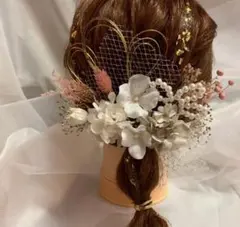 卒業式髪飾り♪ ドライフラワー　ピンク　ホワイト　ゴールド　金箔水引　袴　振袖