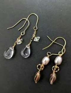 アメジスト、ハーキマー、エレスチャル、淡水パールピアス2組セットの組み合