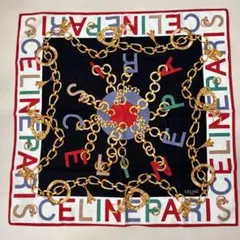 【希少】セリーヌ大判ハンカチ スカーフ チェーン柄 レタリングロゴ56x56cm