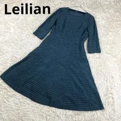 美品 Leilian 七分袖 ダークグリーン ひざ丈 ワンピース 9 Mサイズ