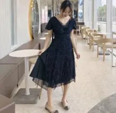 SNIDEL ノースリドットプリーツレイヤードワンピース　ネイビー