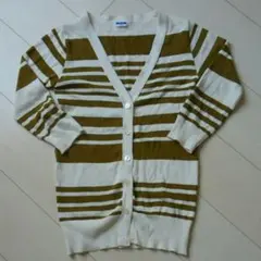 ボーダー　カーディガン　レディース　七分袖　カーキ