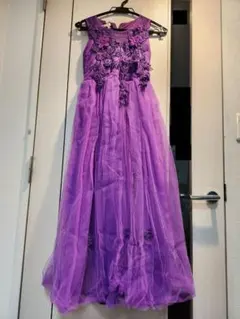 チュールドレス 150サイズ パープル お花花刺繍 ロングドレス 発表会