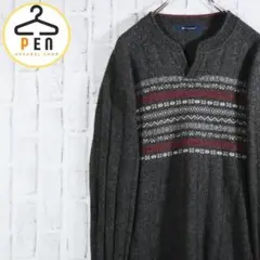 【レトロ古着】キーネックセーター ニット 幾何学模様 ダークグレー L【希少】