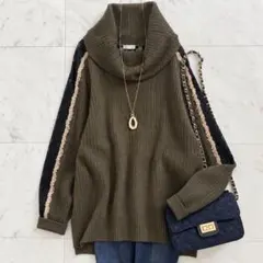 axes femme 花柄レース切替 オフタートル リブトップス M