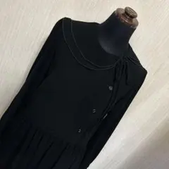 レトロワンピース　ふんわり丸襟×タックデザインの上品ブラックワンピース　長袖