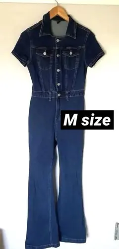 SHEIN ダークブルー デニムオールインワン M ブーツカット　フレアデニム