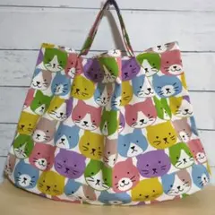 ねこ柄(カラフル×オフホワイト地) ハンドメイド　エコバッグ