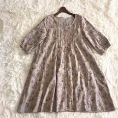 サマンサモスモス SM2 リネン100% 花柄ピンタックワンピース M ベージュ