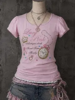 ガーリー ピンクTシャツ レース裾 姫系 Y2K 平成女児 S ウィッシュコアのサムネイル
