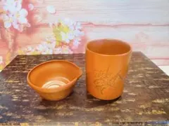 湯呑み 手造り 常滑焼 朱泥 牡丹　梅花 湯冷し 2個セット