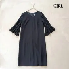 GIRL オケージョンワンピース ネイビー 袖レース フレア袖 膝丈 M