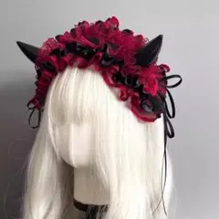 小悪魔 ヘッドドレス 赤 角付き フリル レース ロリータ コスプレ ハロウィン