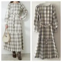 【美品】ナチュラル クチュール チェック柄 長袖 プリーツ ワンピース M