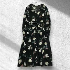 【セポクラフト】ワンピース 花柄 フルボタン ウエスト紐有 Vネック 長袖 M
