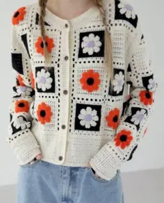 フラワー刺繍編み長袖カーディガン ボレロ