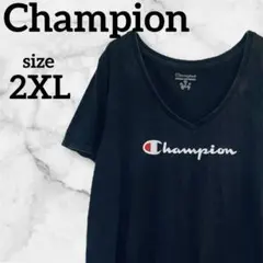【used】Champion ブラック黒Vネック ロゴTシャツ 3Lチャンピオン