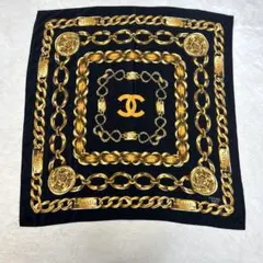 極美品シャネル　シルク　ヴィンテージ　ココマーク　大判スカーフ　ゴールドチェーン