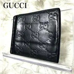GUCCI シマ マネークリップ レザー 黒 二つ折り コンパクト
