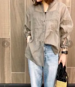 DRESSLAVE コットン　オーガンジー　バンドカラーシャツ　カーキのサムネイル