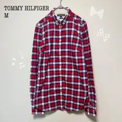 トミーヒルフィガー チェックシャツ 赤紺 綿100 長袖 ロゴ
