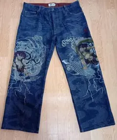 最高峰 粋】レア 絡繰魂 粋 風神雷神 総刺繍 デニムパンツ 110 和柄